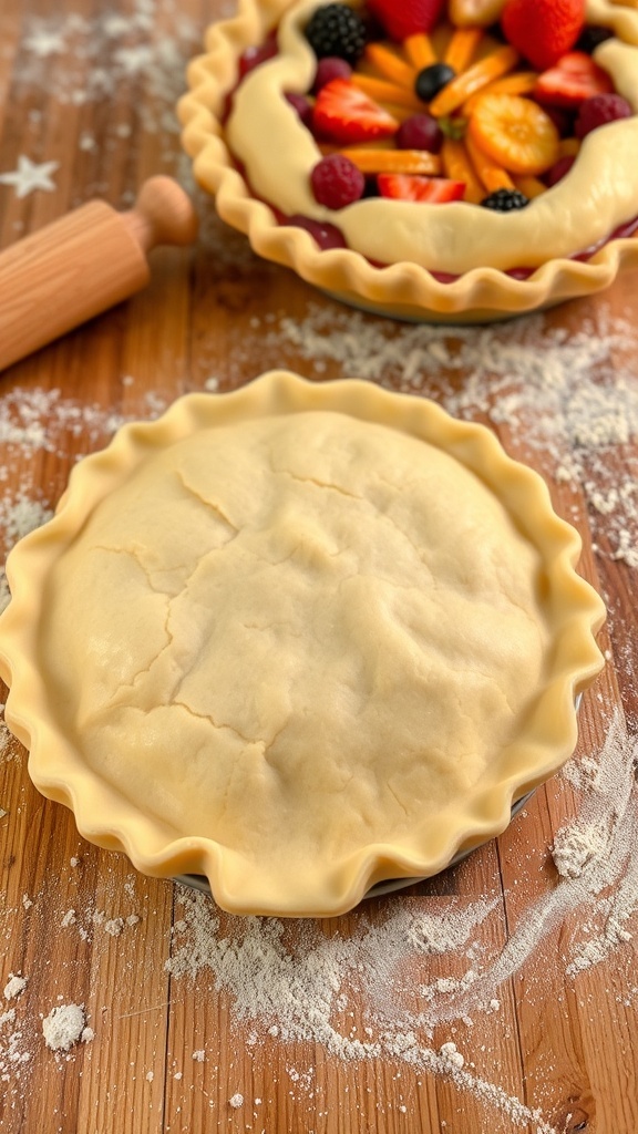 A golden-brown pie crust on a wooden table, with a rolling pin and flour, ready for filling.